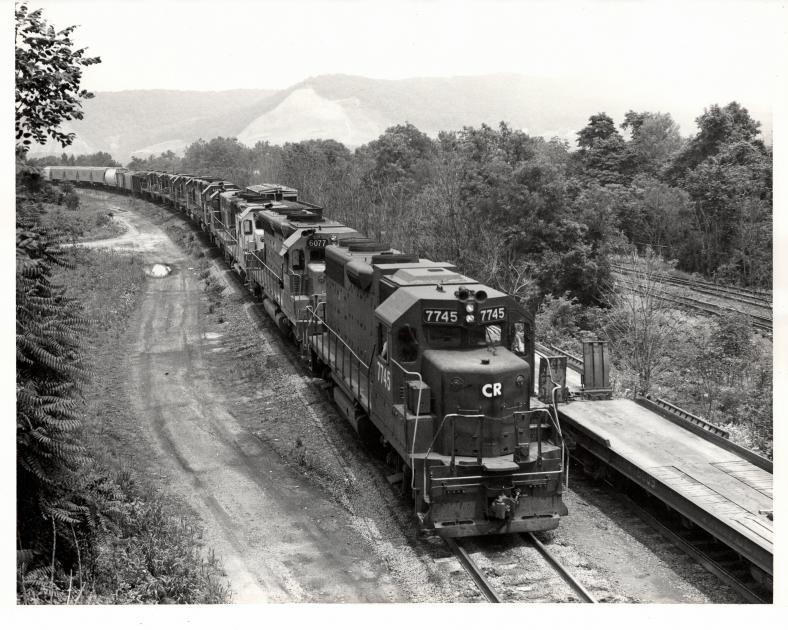 Object 7745 Photograph of GP38-2 7745, SD45 6077 and eight more units entering ...